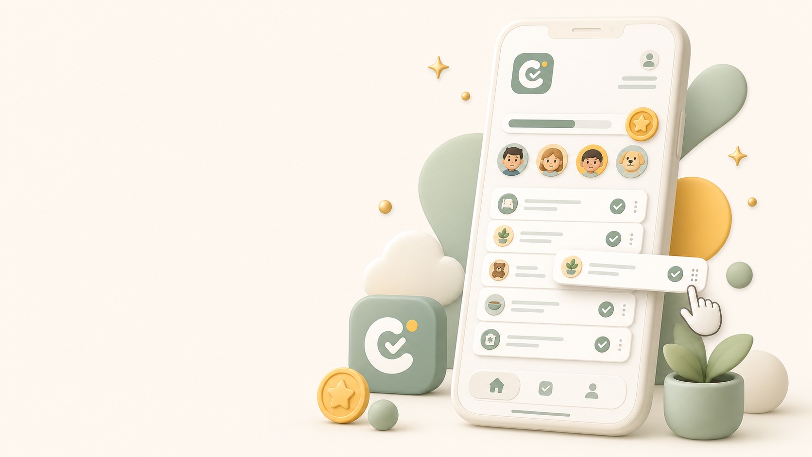 The Chores app on an iPhone: a family's chore list with avatars for each member, checked-off chores, and a gold reward coin.